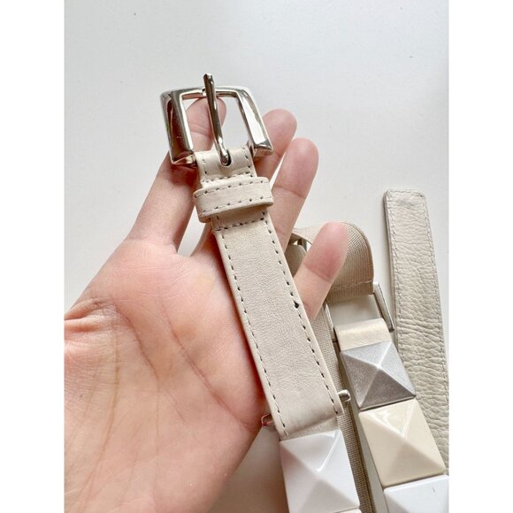 SUZI ROHER Ivory Cream Grey Pyramid Stud Leather Elastic Stretch Belt, One Size - Picture 4 of 9